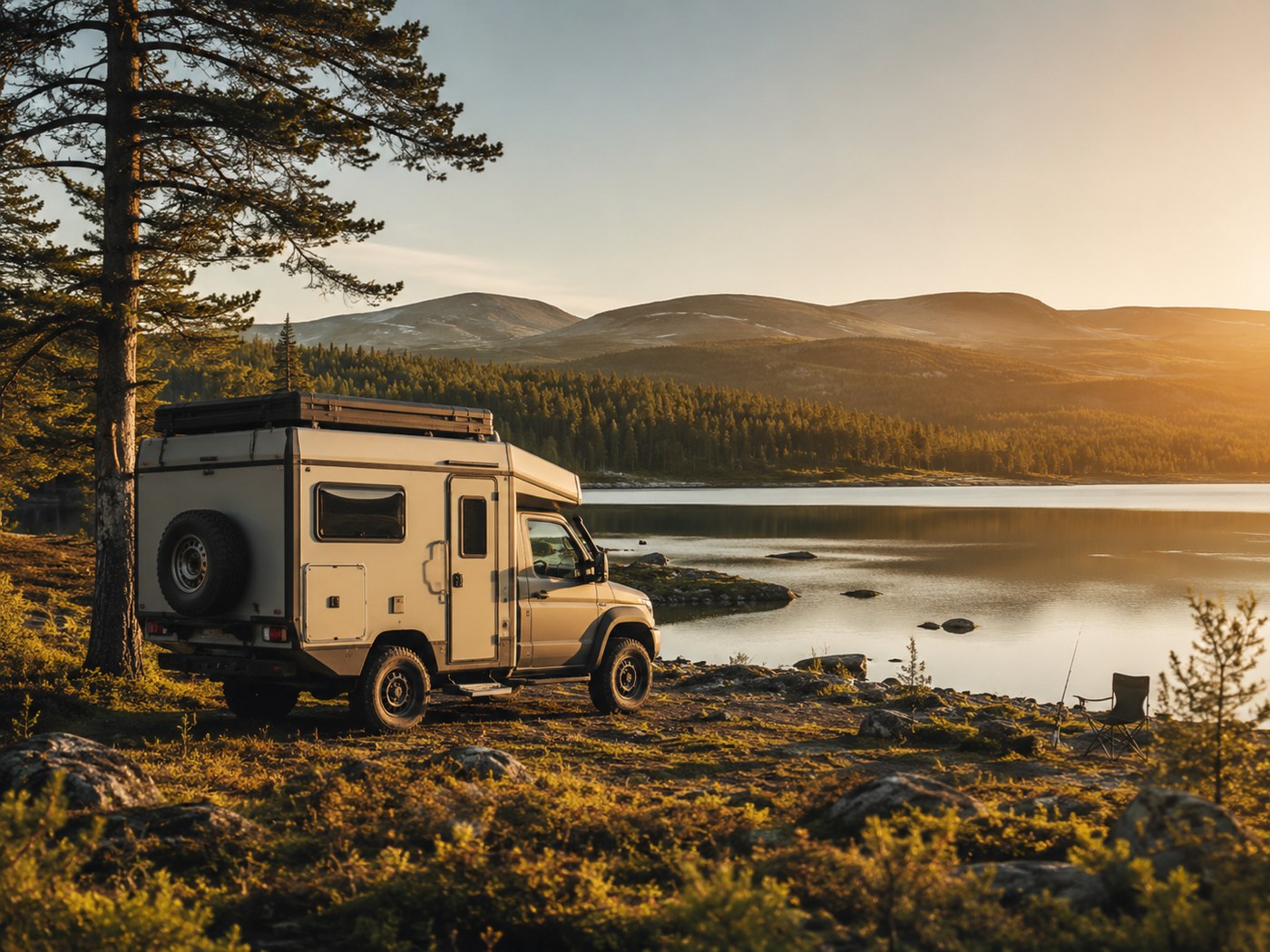 Geländegängiges Wohnmobil in nordschwedischer Landschaft